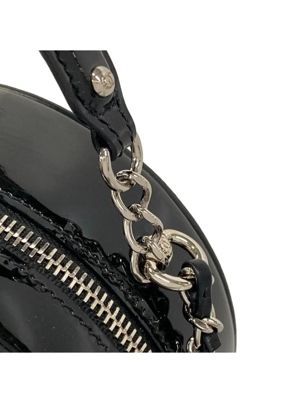 Chanel Shoulder Bag Silver Black 2-Way Chain Round Leather
